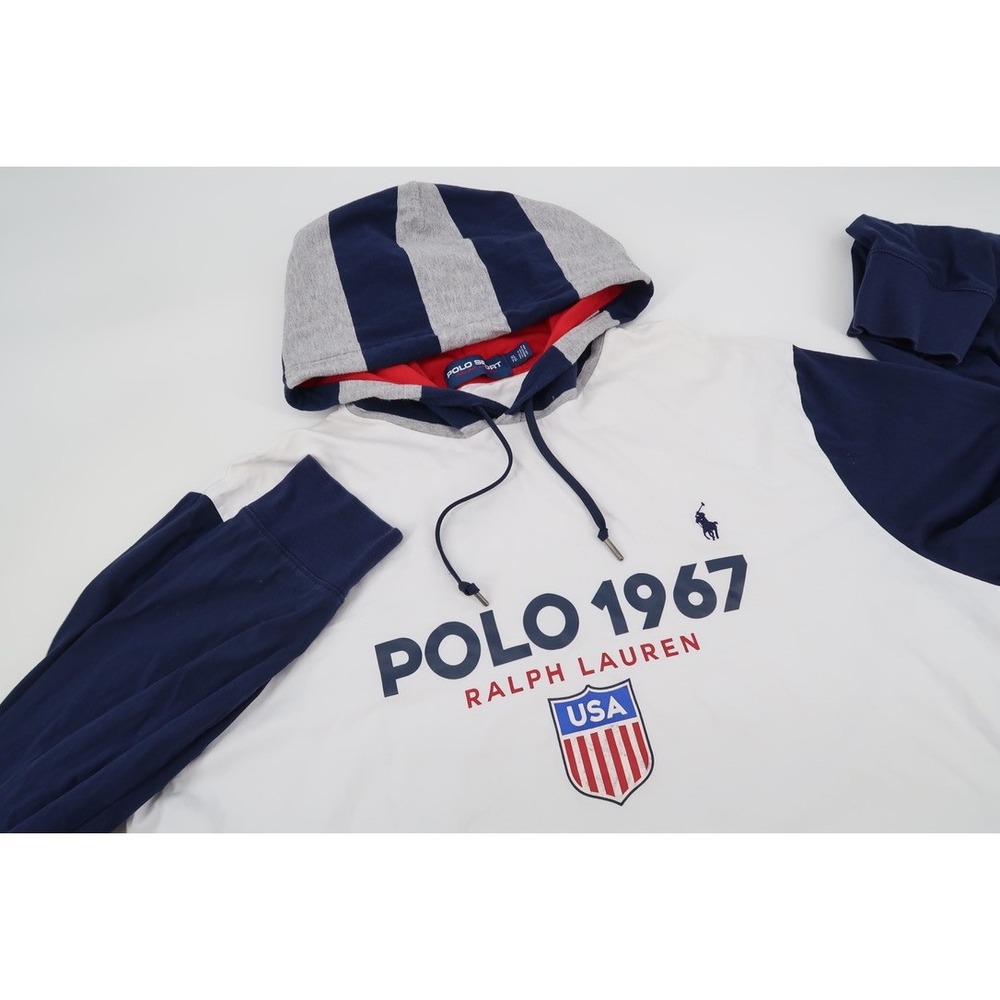 Polo Sport Ralph Lauren 1967 USA Hoodie Mens XL White Navy Shield Colorblock